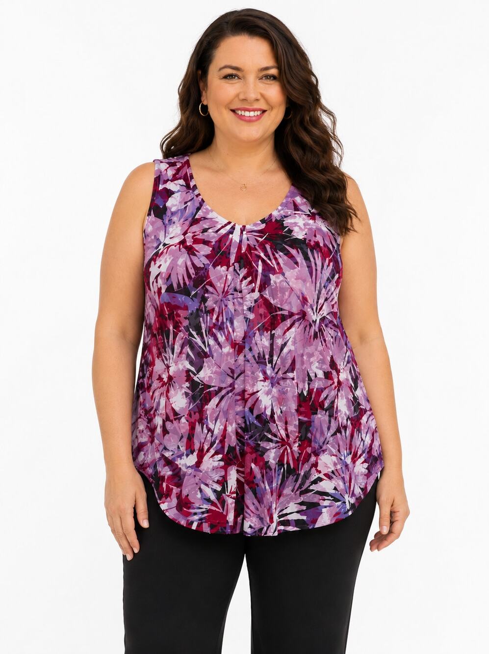 Catherines Tropical Layered Tank Womens Size 3X Purple Floral V-Neck Realxed Top